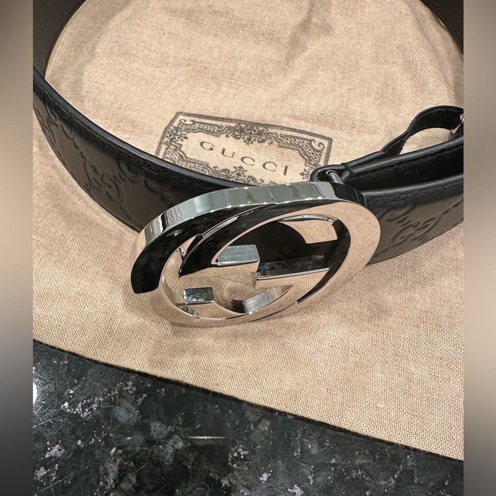 Gucci Signature Embossed Leather Belt Black size 85
